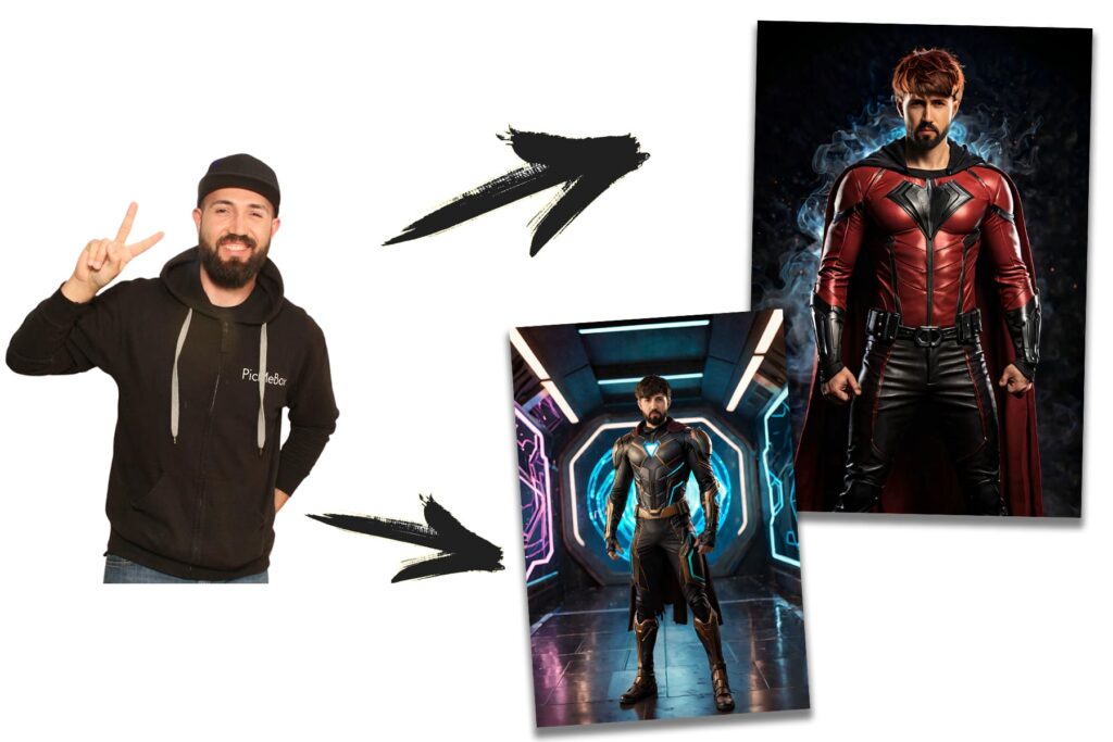 KI-Fotobox mieten vorher nachher Bild (Superheld)